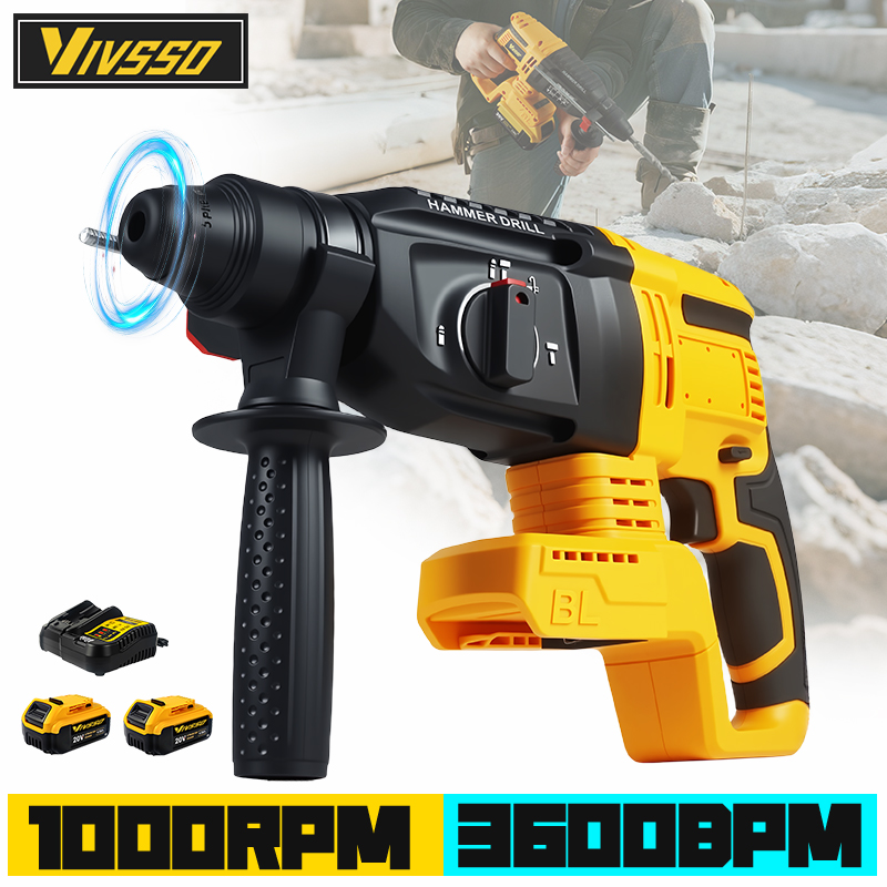 Cordless Rotary Hammer 20V Brushless - VIVSSO Elektrischer bürstenloser Bohrhammer, 3600 U/min,