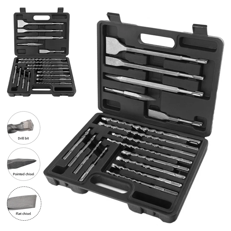 Rotary Hammer Chisel Bit Flat - 17-teiliges Bohrhammer-Meißel-Set für Betonwand- und Mauerwerk-Abbrucharbeiten,
